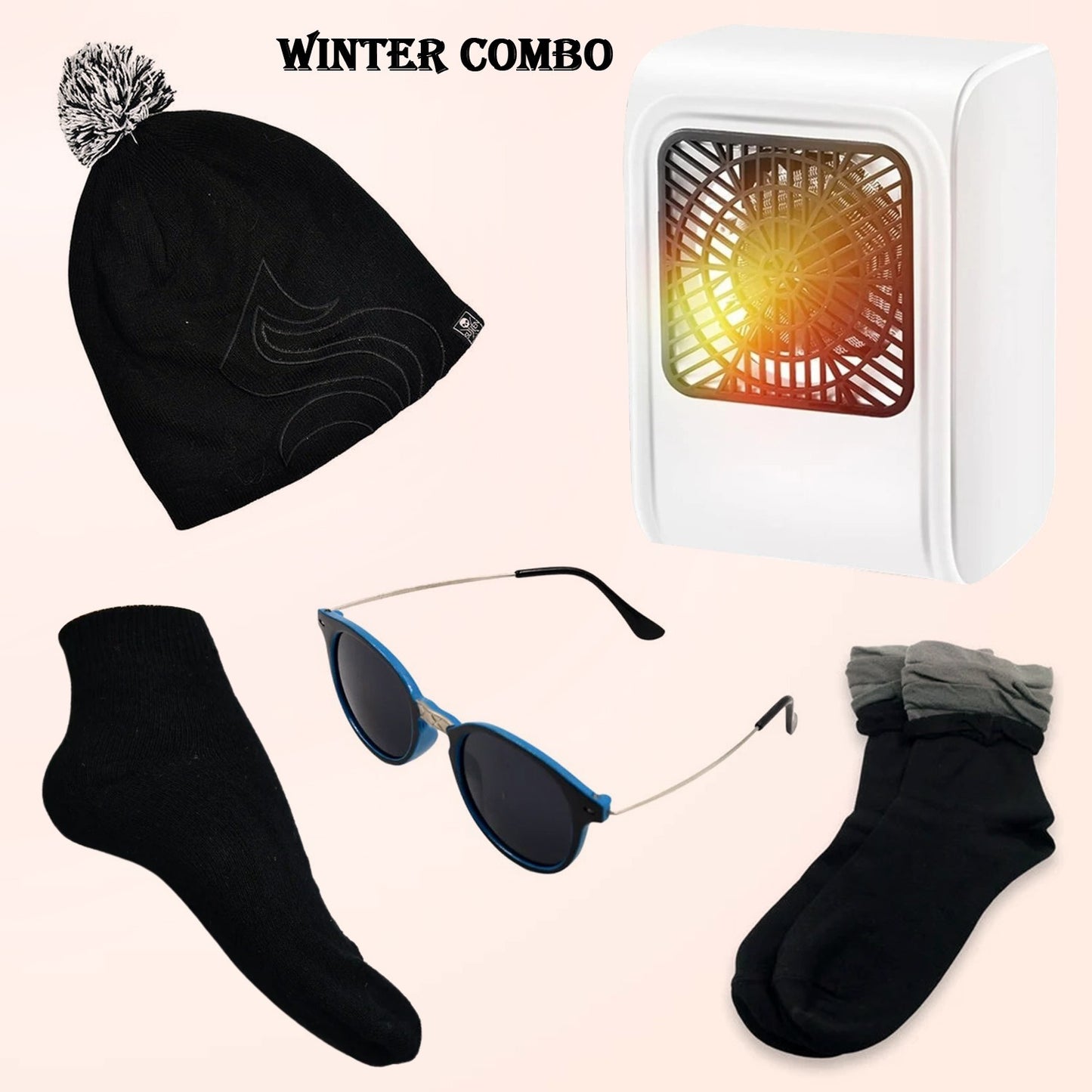 Winter Warm Set- Bennie Hat Room Heater Sunglasses And Socks (5 Pcs Combo) - Springkart