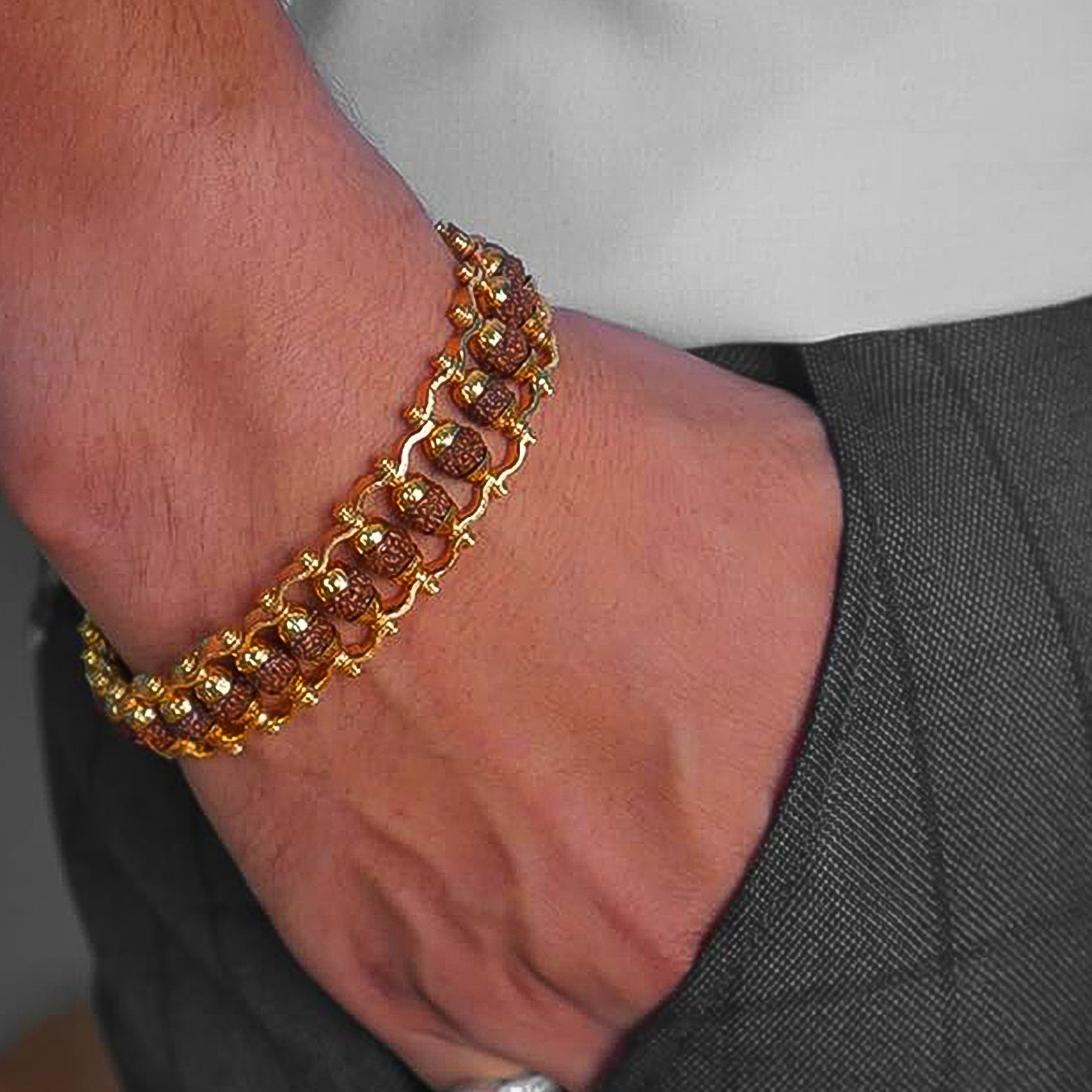 Rudraksha Rakhi For Brother Golden Modern Rudraksha Bracelet Rakhi (1 Pc) - Springkart