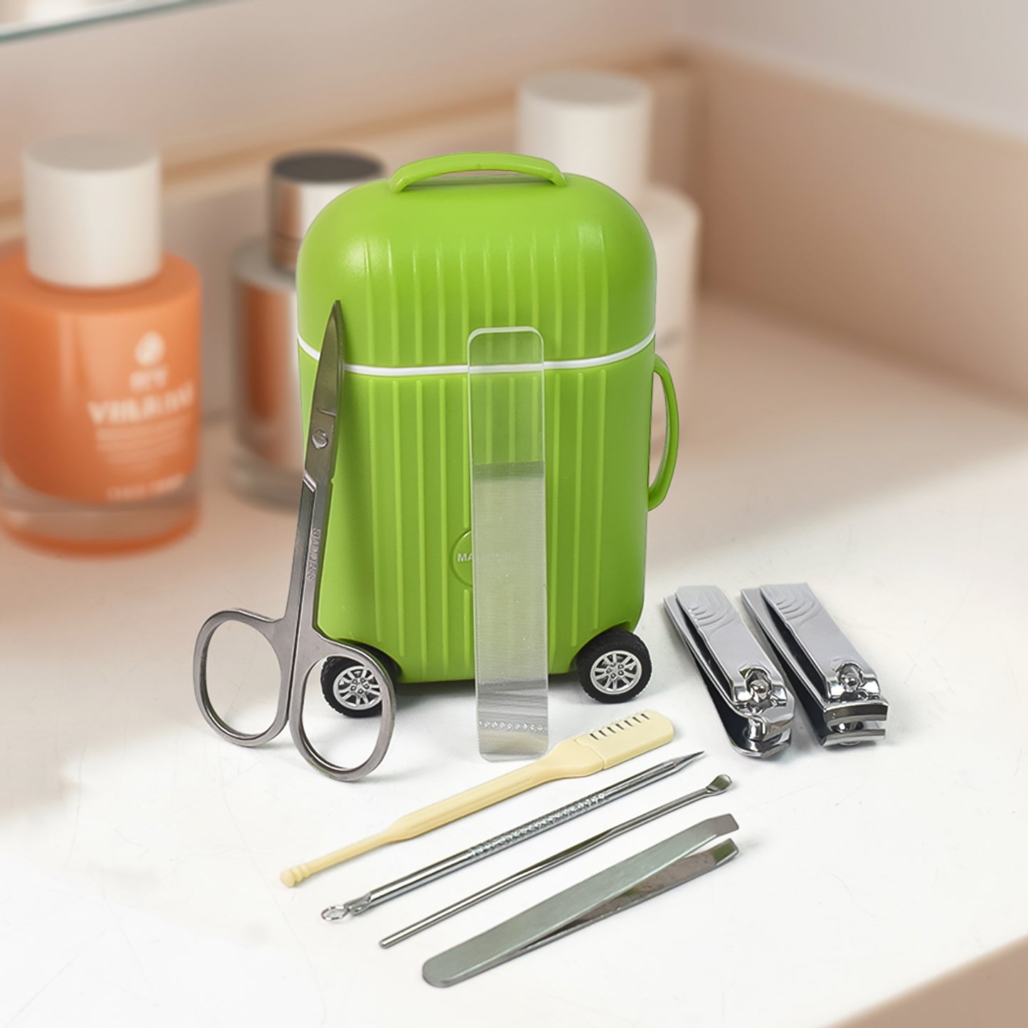 Manicure Kit Pedicure Tools For Feet Nail Clipper (8 Pcs Set With Mini 4 Wheel Suitcase Trolley) - Springkart
