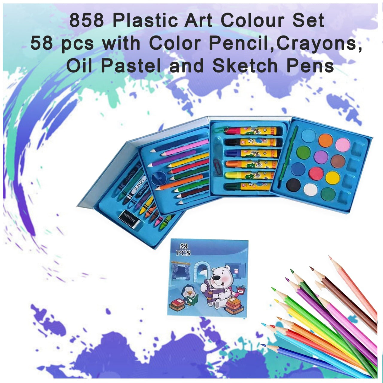 Plastic Art Colour Set 58 pcs with Color Pencil, Crayons, Oil Pastel and Sketch Pens - Springkart