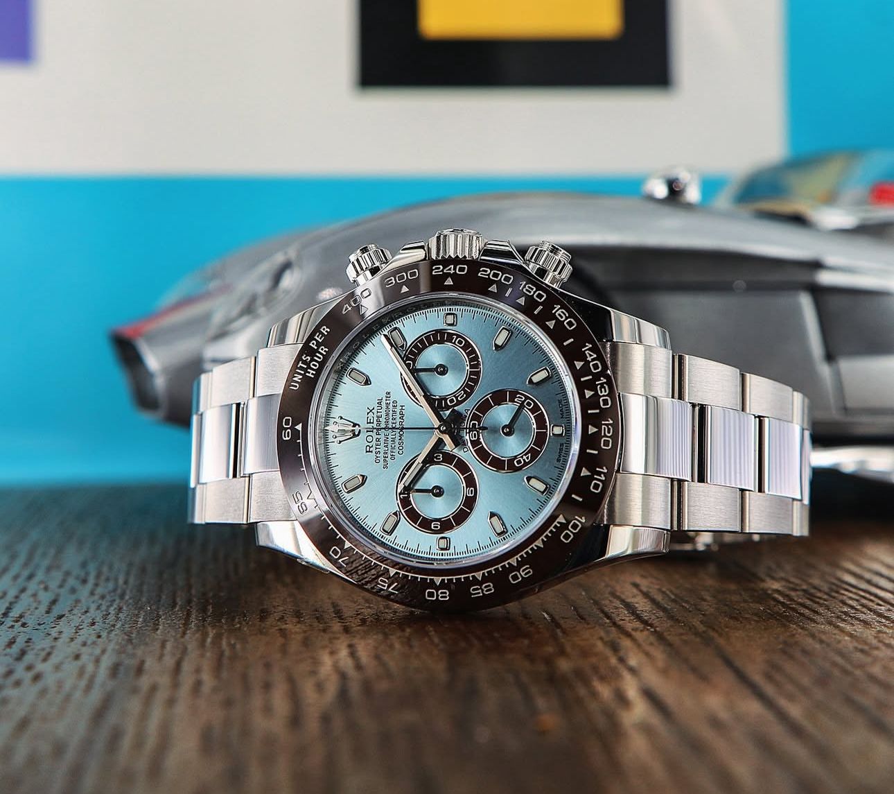 Rolex cosomograph Daytona platinum ice blue dial with Brown CERACHROM BEZEL