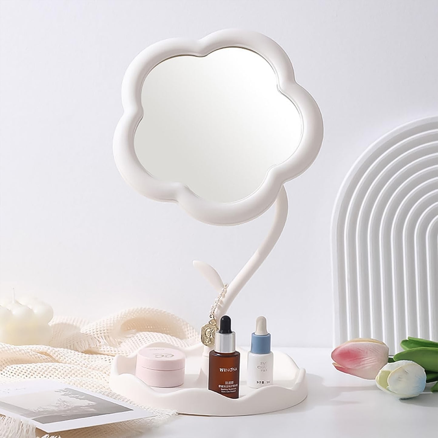 Flower-shaped Makeup Mirror Rotatable Makeup Mirror With Tray Table Vanity - Springkart