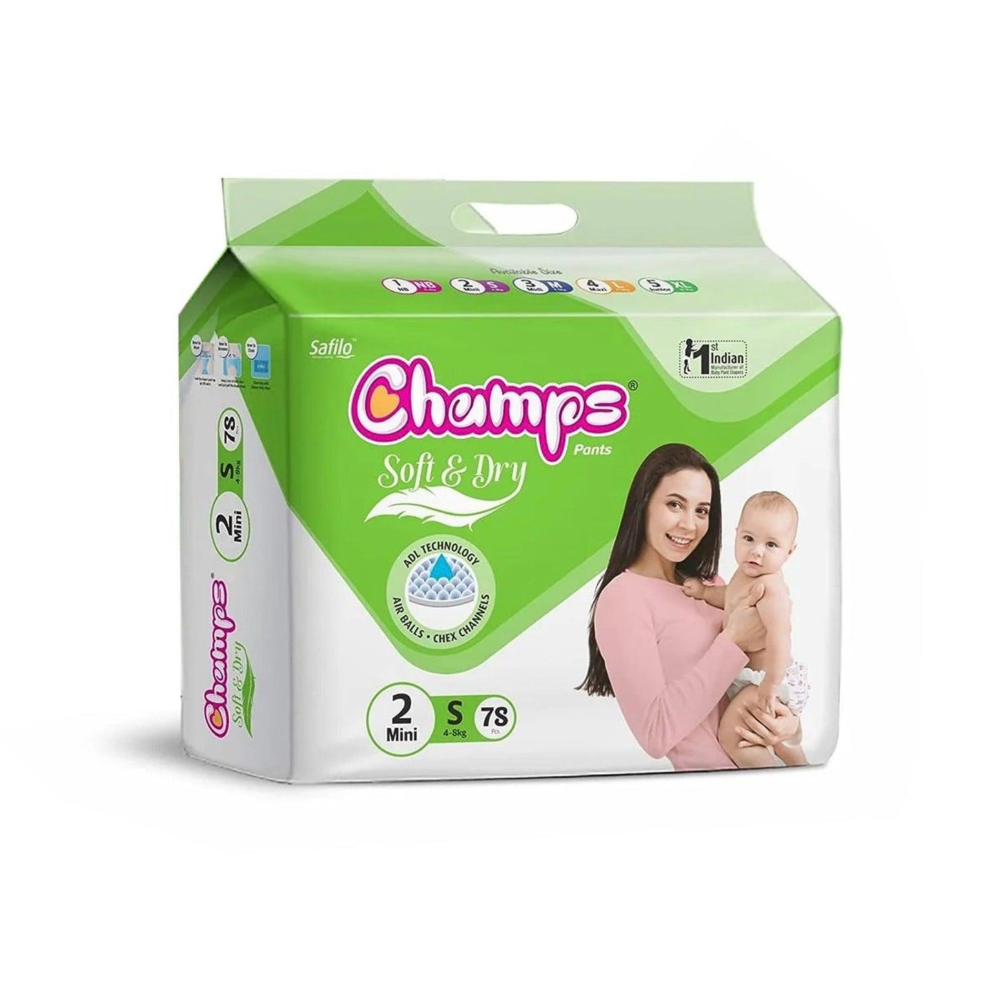 0960 Champs Soft And Dry Baby Diaper Pants 78 Pcs (Small Size S78) - Springkart