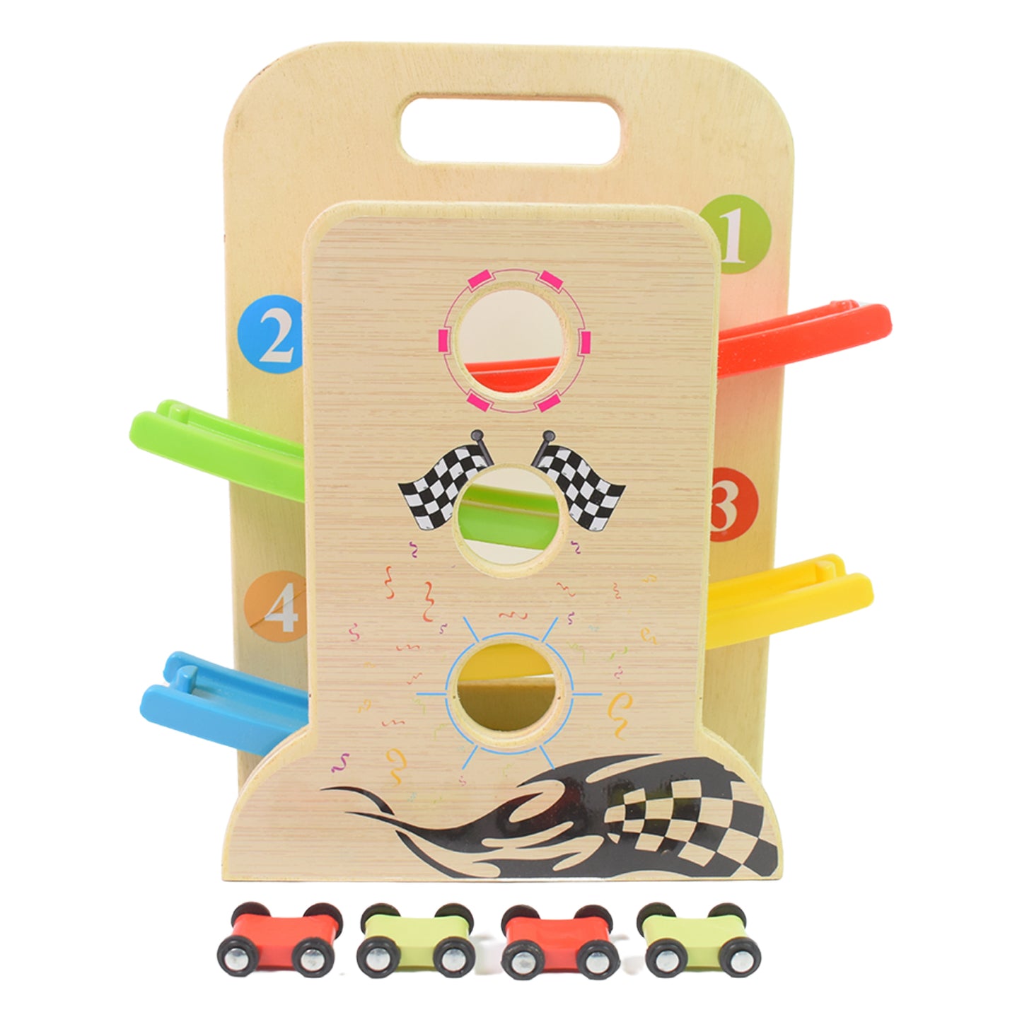 Wooden Ramp Racer Race Track Vehicle Play Sets With 4 Mini Racers (With Handle) - Springkart