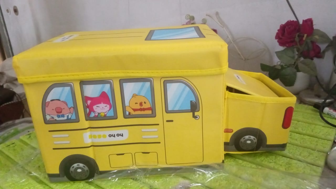 School Bus Shaped Portable Foldable Toy Box Storage with Lid (1 Pc) - Springkart