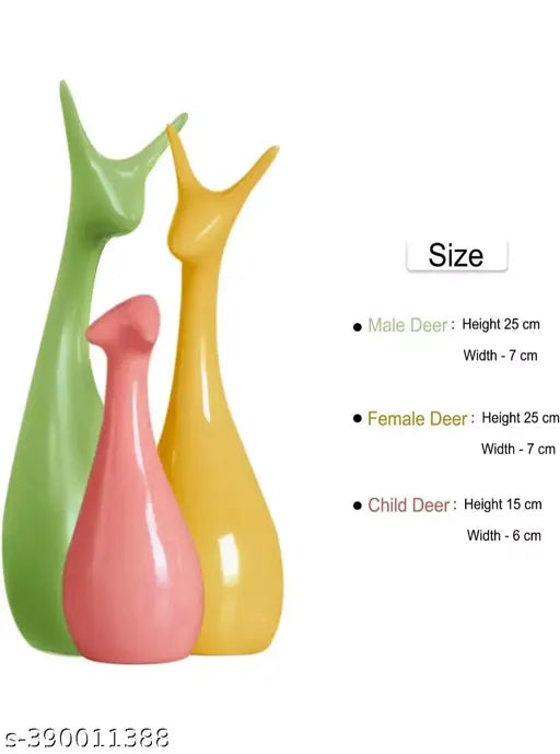 EARTHYSTONE Modern Lucky Deer Family Set – Elegant Ceramic Decorative Statues with Piano Finish – Yellow, Pink & Green – Home & Office Table Décor – Gift Showpiece (Set of 3)