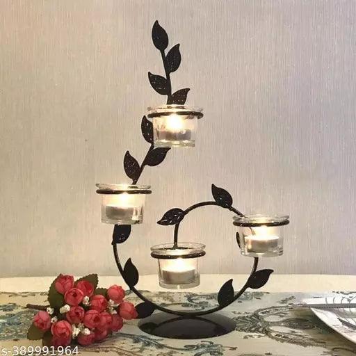 Black Designer Leaf Glass Tea Light Candle Holders Pack of 1 - Springkart