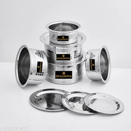 Dealdona Stainless Steel Patila Bhagona Tope Set With Lid Handi Milk Storage Tapeli Tapela Serving Set Cookware - Pot 20 cm, 18 cm, 16 cm, 14 cm, 12 cm diameter 2000 ML, 1500 ML, 1000ML, 750 ML & 500 ML capacity with Lid (Stainless Steel)