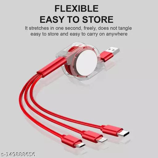 3-in-1 Mobile Data Cable + Carry Pouch Retractable USB Charging Cable Charger 1 meter Micro USB Cable - Springkart