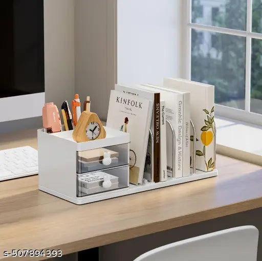 Plastic Desk Organizer with Drawers & Stationery Holder – 4-Compartment Collapsible Magazine File Holder for Office, Home & Study Table Storage - White