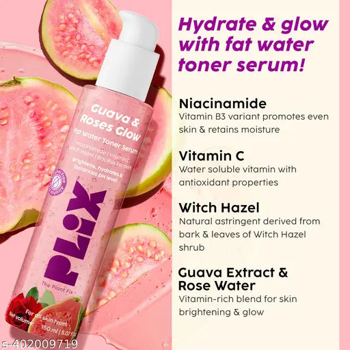 PLIX - THE PLANT FIX Guava & Roses Regime for Bright Skin & Balanced Skin pH| Hydrating Face Wash/Cleanser| 2-in-1 Toner Serum| Smoothie Moisturizer| Invisible Sunscreen Gel With SPF 50+ PA +++| For Men & Women| Pack of 4