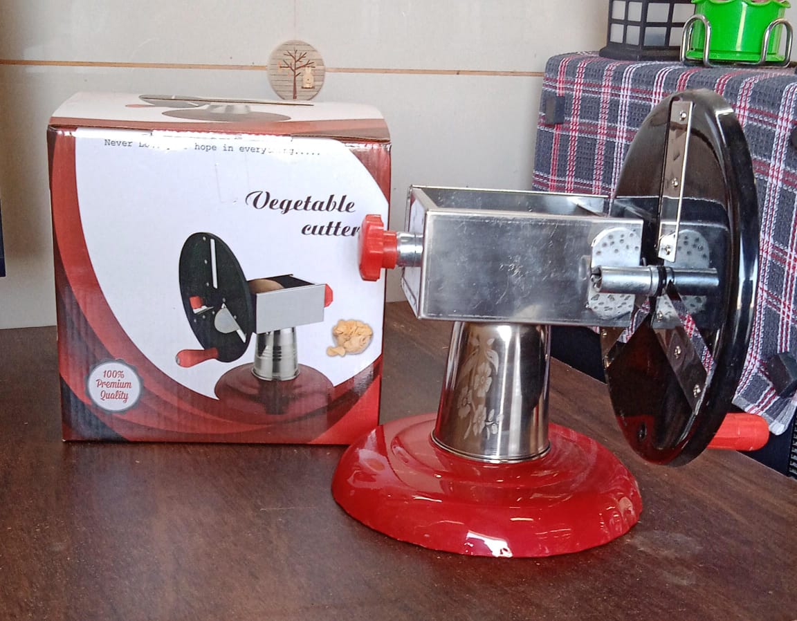 Stainless Steel Chips Maker and Vegetable Slicer for Kitchen Potato Slicer Graters and Chippers. Chips Maker is Suitable for Vegetable Cuttings. Chips Maker Consist Hard Coated Iron Wheel and Stand. - Springkart