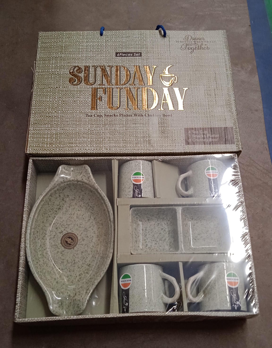 Sunday Funday Ceramic Tea / cups / Mug With Plastic Snacks Platter and 2 compartment Chutney Bowl Milk Cup, Coffee Cup, Breakfast Cup, Drinking Mug or Outdoor for Household, Gift for Birthday, Wedding Party (6 Pcs set) - Springkart