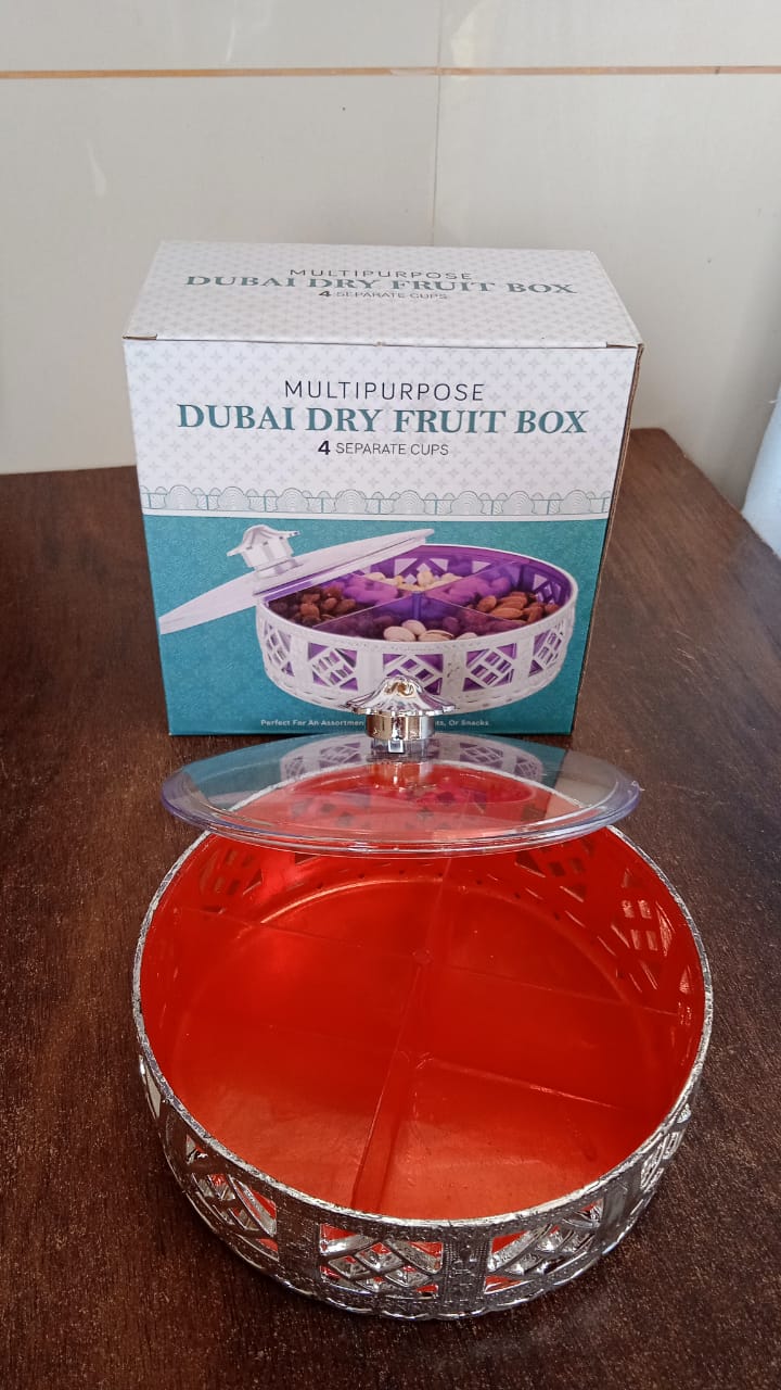 Multipurpose Dry Fruit Box 4 Section Dry Fruit Round Silver Gift Box (1 Pc) - Springkart