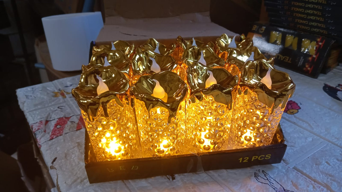 Gold Flameless Candles LED Light Flameless and Smokeless Decorative, Candles Led Tea Light Candle Perfect for Gifting, Home, Diwali,Wedding, Christmas, Crystal Candle Lights, Table Decorations (12 Pc MOQ) - Springkart