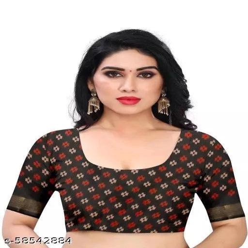 BRASSO COTTON SAREE Blend Black Brocade attractive zari patta Saree With Blouse - Springkart