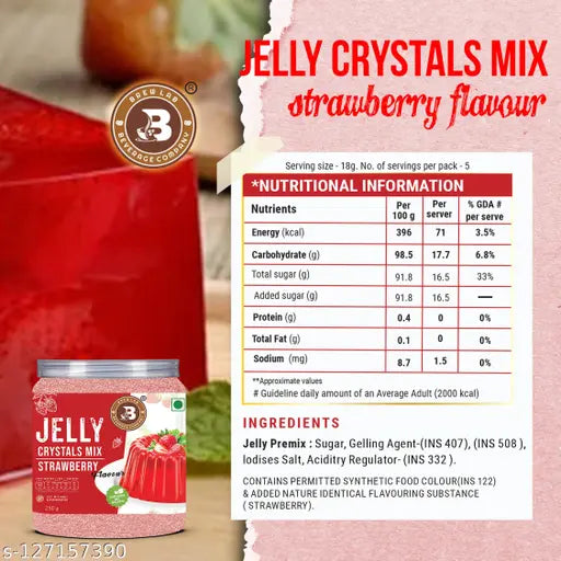 Brew Lab Jelly Crystals Mix Powder For Making Jelly - Strawberry Flavor | Easy To Make | Ready To Eat | No Gelatin - 250 Gm