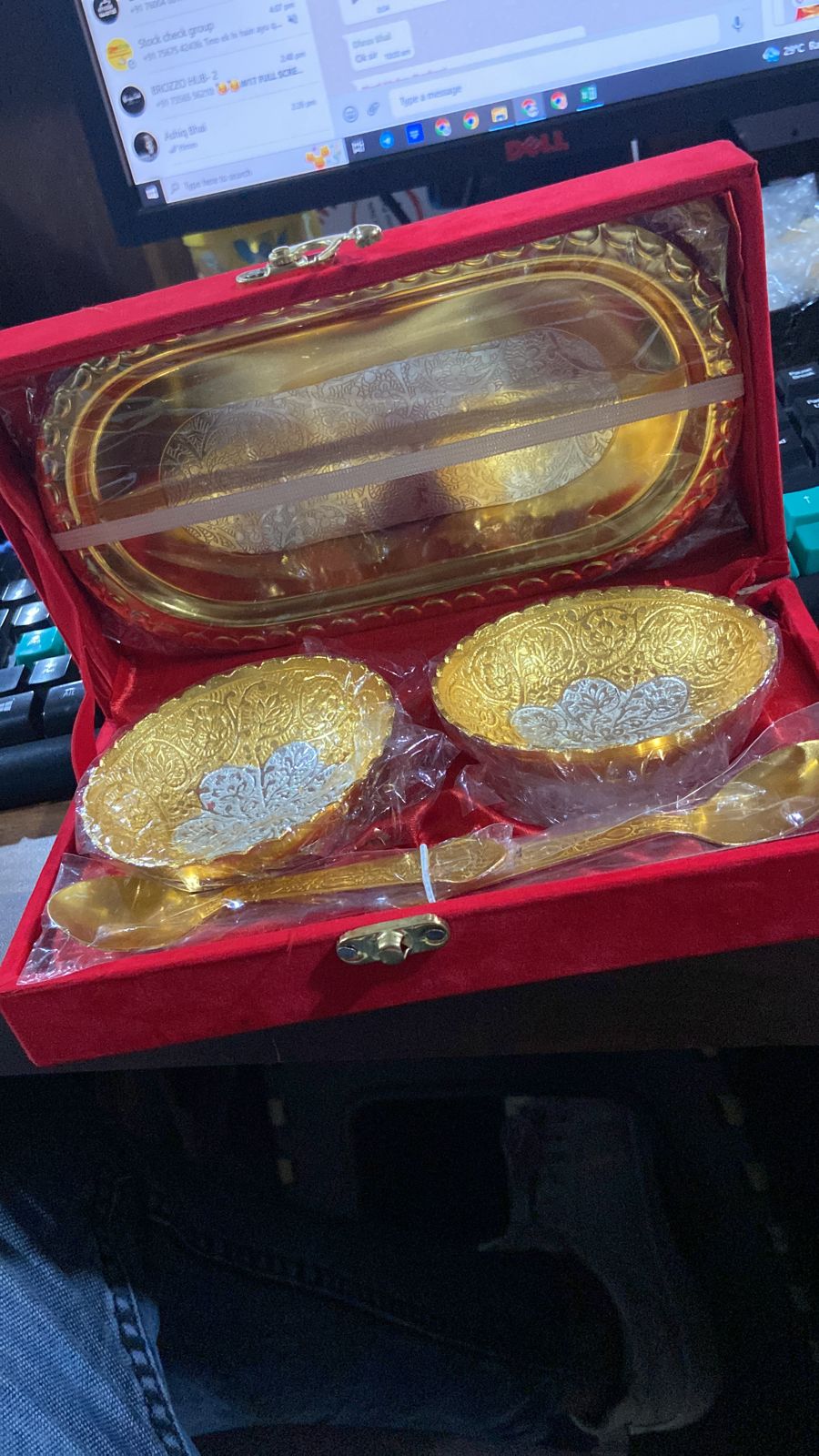 Gold Silver Plated 2 Bowl 2 Spoon Tray Set Brass with Red Velvet Gift Box Serving Dry Fruits Desserts Gift - Springkart