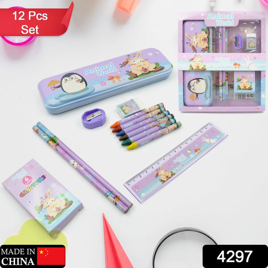 School Supplies Stationery Kit with 1 Pencil Box Case 2 Pencils 6 Crayon Colors 1 Ruler Scale 1 Eraser 1 Sharpener Stationary Kit for Girls Pencil Pen Book Eraser Sharpener Crayons - Stationary Kit Set for Kids Birthday Gift (12 Pc Set) - Springkart