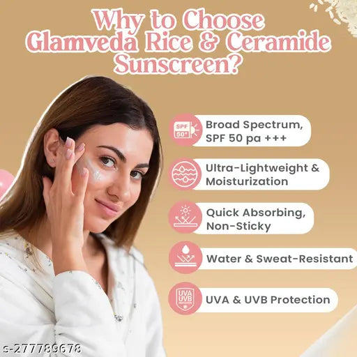 Glamveda Glass Skin Rice & Ceramide Sunscreen SPF 50 PA+++ | No White Cast | Water & Sweat Proof | Excess sebum production | 50 ml