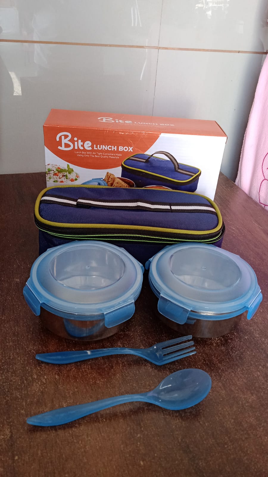 Bite Lunch Box, with Insulated Fabric Lunch Bag & Plastic Spoon, Fork - Springkart