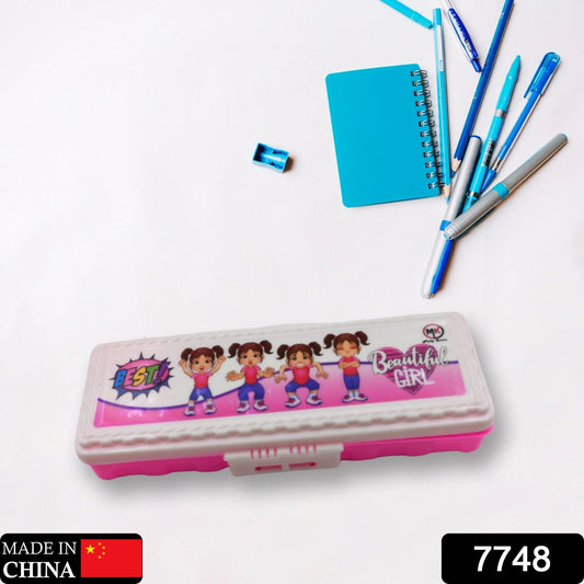 Multipurpose Compass Box, Plastic Double Deck Pencil Case with 2 Compartments, Supplies Utility Box Storage Organizer, Pencil Box for School, Cartoon Printed Pencil Case for Kids, Birthday Gift for Girls & Boys - Springkart