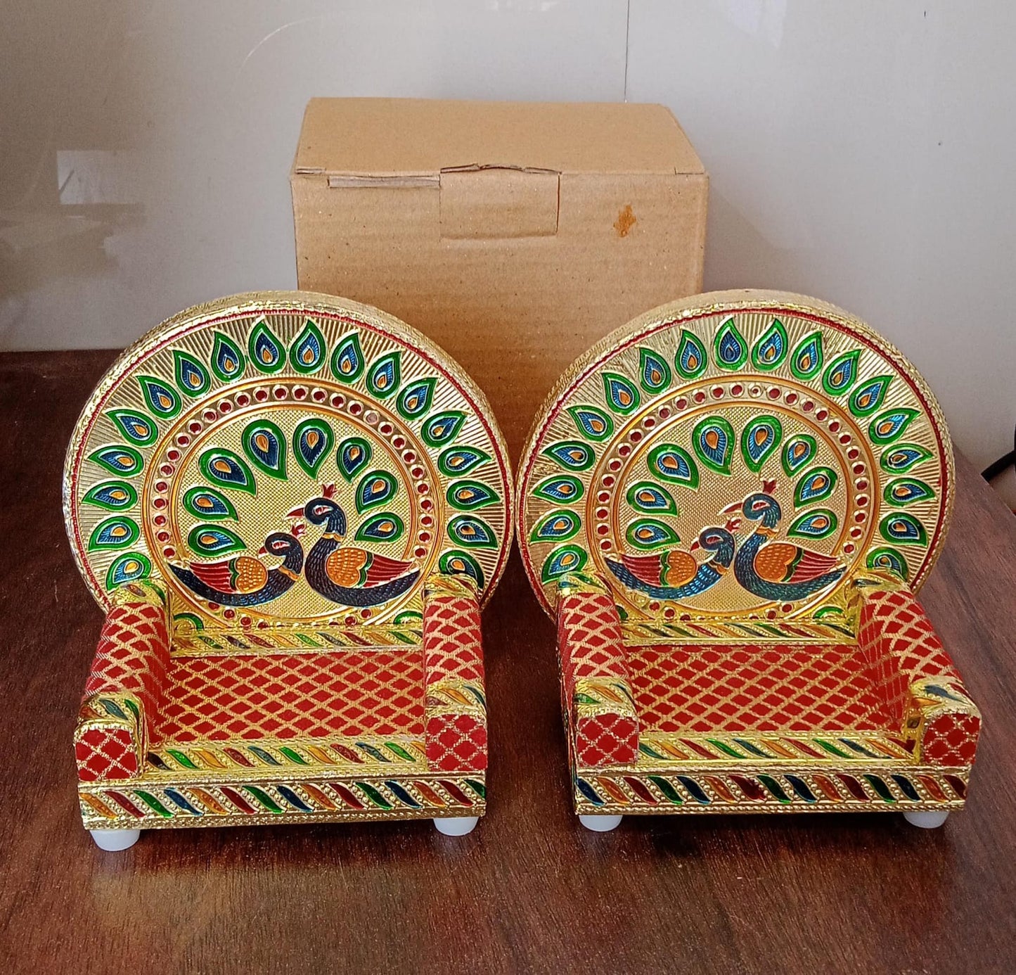 Meenakari Work Laddu Gopal Singhasan for Pooja Mandir Wooden Krishna Ladoo Bal Gopal Sofa Asan, Home Decorative Premium Look Decorative Singhasan Suitable For Home, Office, Restaurant (2 Pc Set) - Springkart