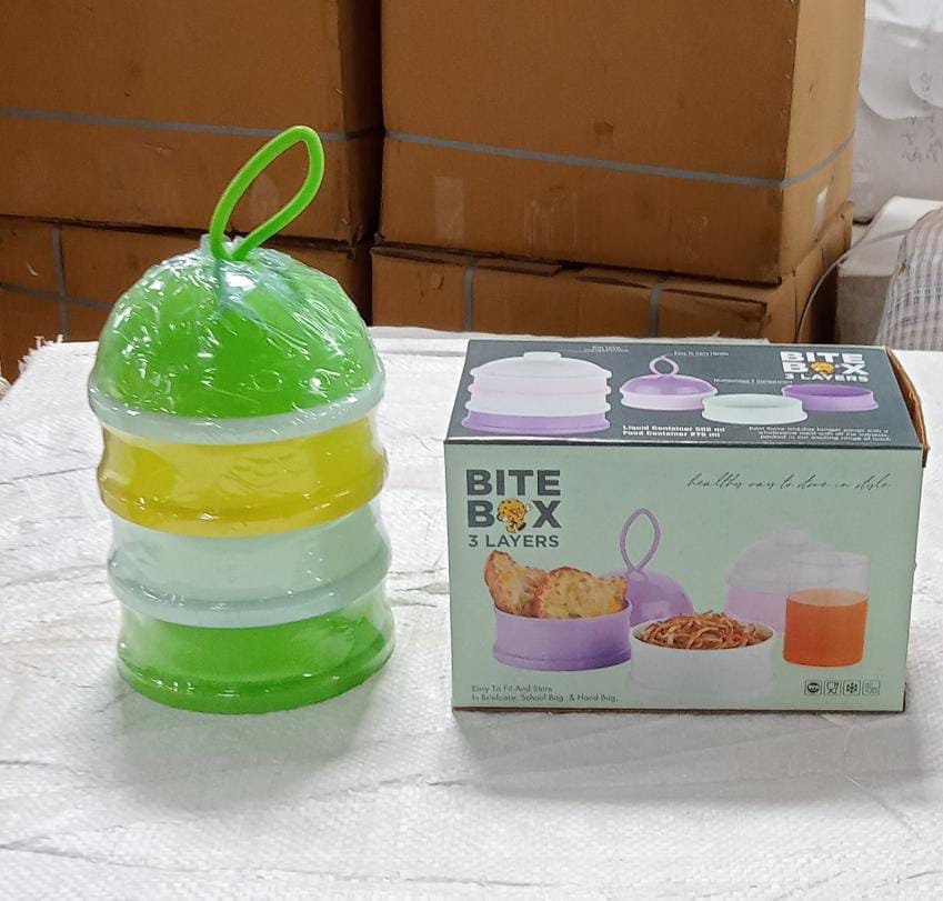 3 Layer Lunch Box Unique Design Bite Lunch Box With Liquid & Food Container Lunch Box (Green) - Springkart