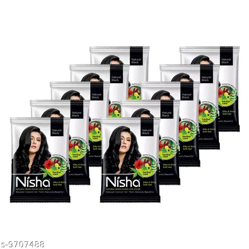 Nisha Natural Henna Based Hair Color Henna Conditioning Herbal Care silky & Shiny Soft Hair 10gm Pouch (Natural Black ,Pack of 10 Pouch) - Springkart