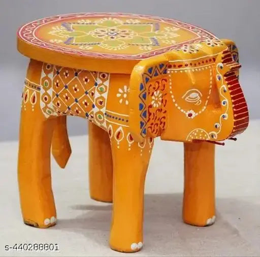 Hand Painted Decorative wooden Elephant Stool Handcrafted (Yellow/Orange), 8 Inches - Springkart