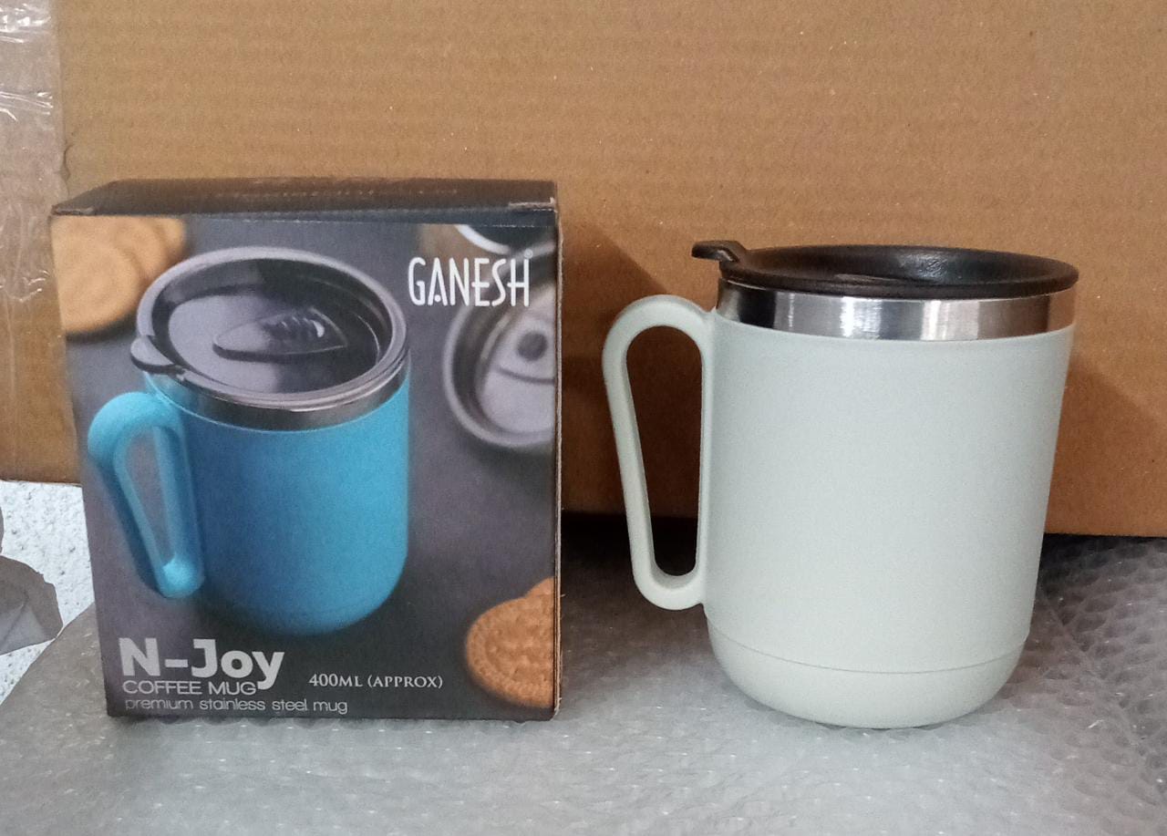 Ganesh Premium Stainless Steel Coffee Mug with heat resistant mug lid. Approx 400Ml mug. - Springkart