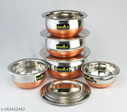 Ramila Stainless Steel Copper Bottom Handi Kitchen Serving & Cookware Bowl Cooking Bowl Handi Set 5-Pieces Biryani Handi Set-Capacity 1500ml,1000ml,750ml,500ml,300ml