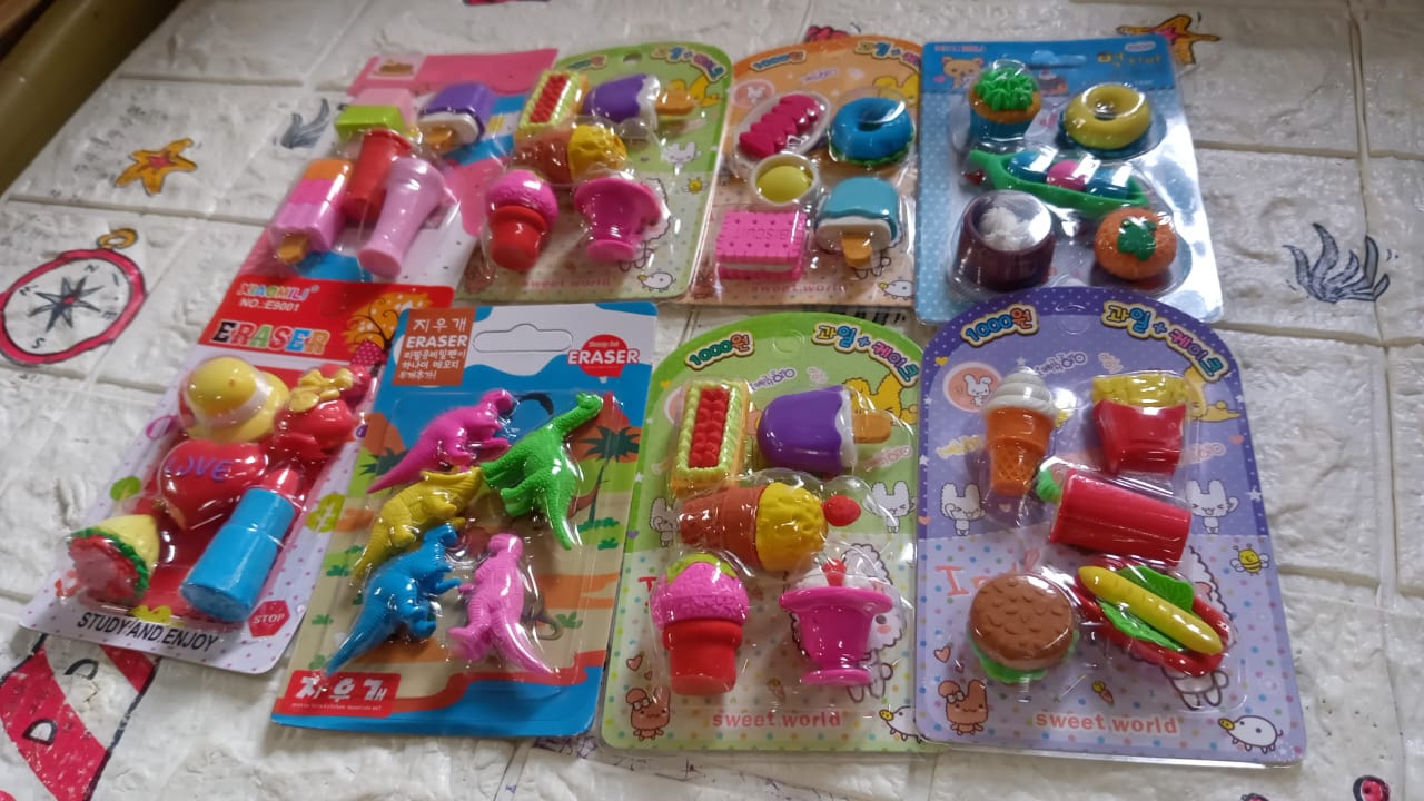 Mix Design 1Set Fancy & Stylish Colorful Erasers for Children Different Designs & Mix, Eraser Set for Return Gift, Birthday Party, School Prize (1Set) - Springkart