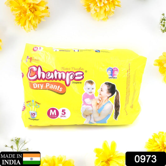 Champs Travel Diapers (Medium, 5 Pcs): Leakproof, Soft & Dry, Baby Diaper Pants - Springkart