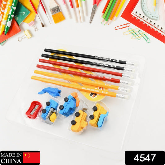 Pencil and Eraser Set, Construction Truck Theme Stationery Kit Includes 6 Pencils, 4 Erasers, 1 Sharpener, 1 Ruler Bookmark, 1 Pencil Cap Stationary For Birthday Gifts for Kids, Birthday Return Gifts (13 Pc set) - Springkart