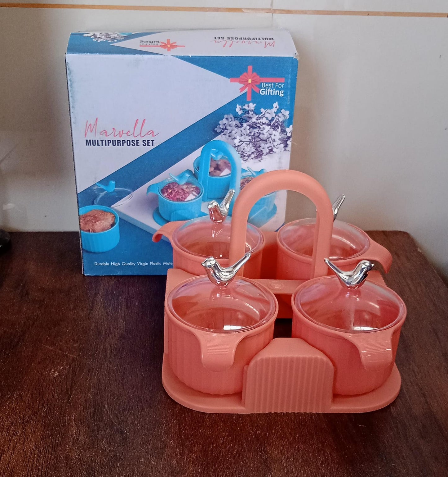 Multipurpose Silver Sparrow, Jar Dry fruit Set, for Home and Kitchen Airtight Dry Fruit Plastic Storage Container Tray Set With Lid & 4 Serving Jar Container for Sweets, Chips, Cookies | (4 Pc Set) - Springkart