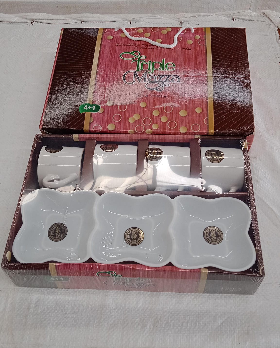 Triple Mazza Ceramic Tea / Cups Set Including 3 Compartment Plastic Serving Platter (4 Pcs Set) - Springkart