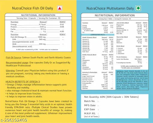 Nutra Choice Multivitamin and Fish Oil Combo | Multivitamin Tablets with Probiotics & Prebiotics (30 Tablets) + Maximum Strength Omega 3 Fish Oil 1000mg Capsule 30 Count (360 Mg EPA & 240 Mg DHA)
