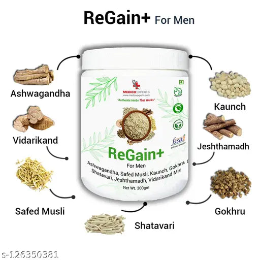 MedicoExperts ReGain+ For Men 300gm (For 1 month) Helps in Managing Performance, Stamina & Stress | Enriched with Ashwagandha Powder , Safed Musli, Kaunch, Gokhru, Shatavari, Jeshthamadh & Vidarikand Powder