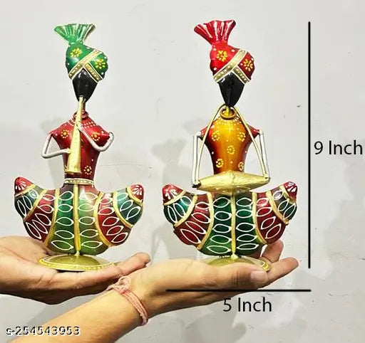 Iron Handpainted Rajasthani Musician Showpiece Set for Home Decor – 9 Inch (Set of 2)