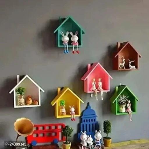 Wall Shelf Hut Lodge House Shaped (Number Of Shelves - 6, Blue, White, Yellow, Pink, Brown, Green) - Springkart