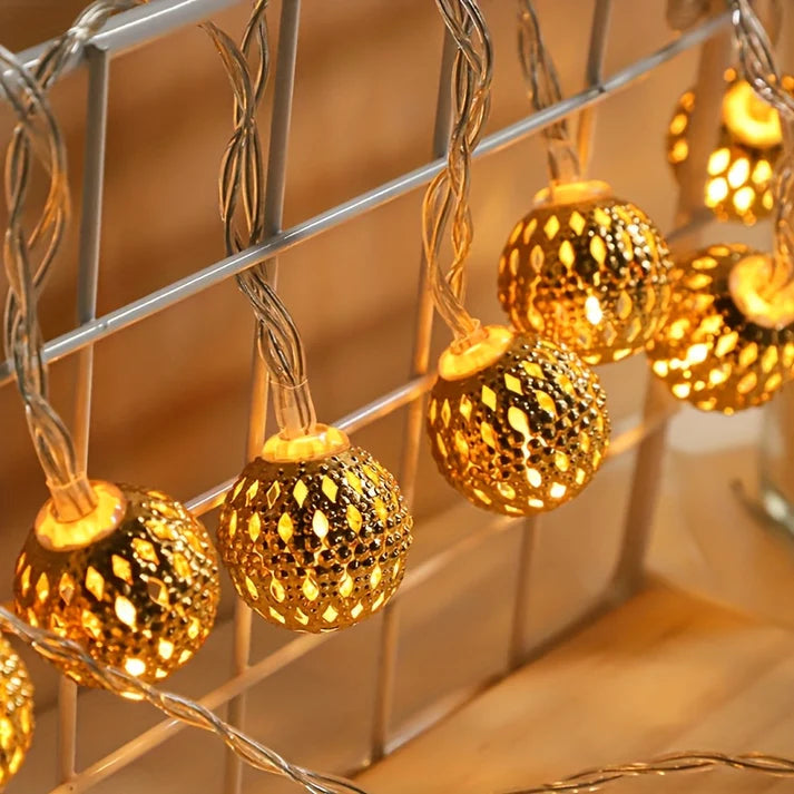 Metal Ball String Lights 20 LED Indoor & Outdoor Decor - Intricate Pattern, Wire LED for Living Room, Dining, Parties, Festivals - Springkart