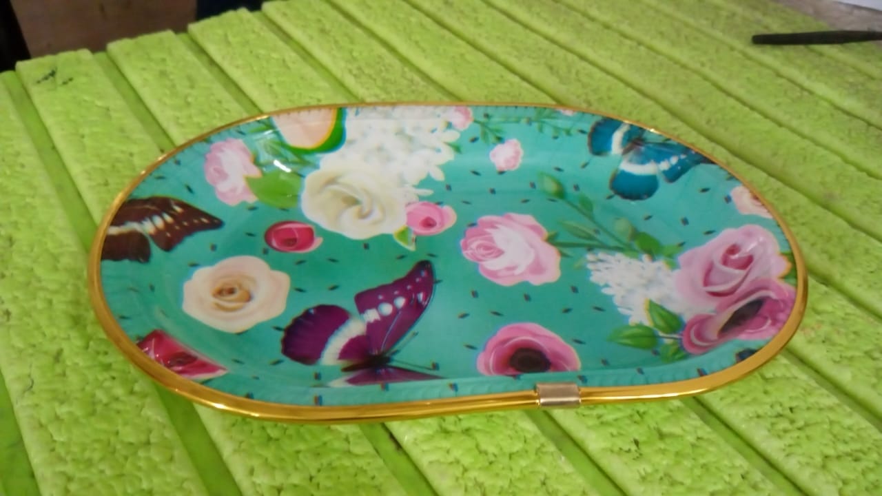 Small Plastic Flower Printed Design Serving Tray (1 Pc / 27 x 18 CM / Mix Color) - Springkart