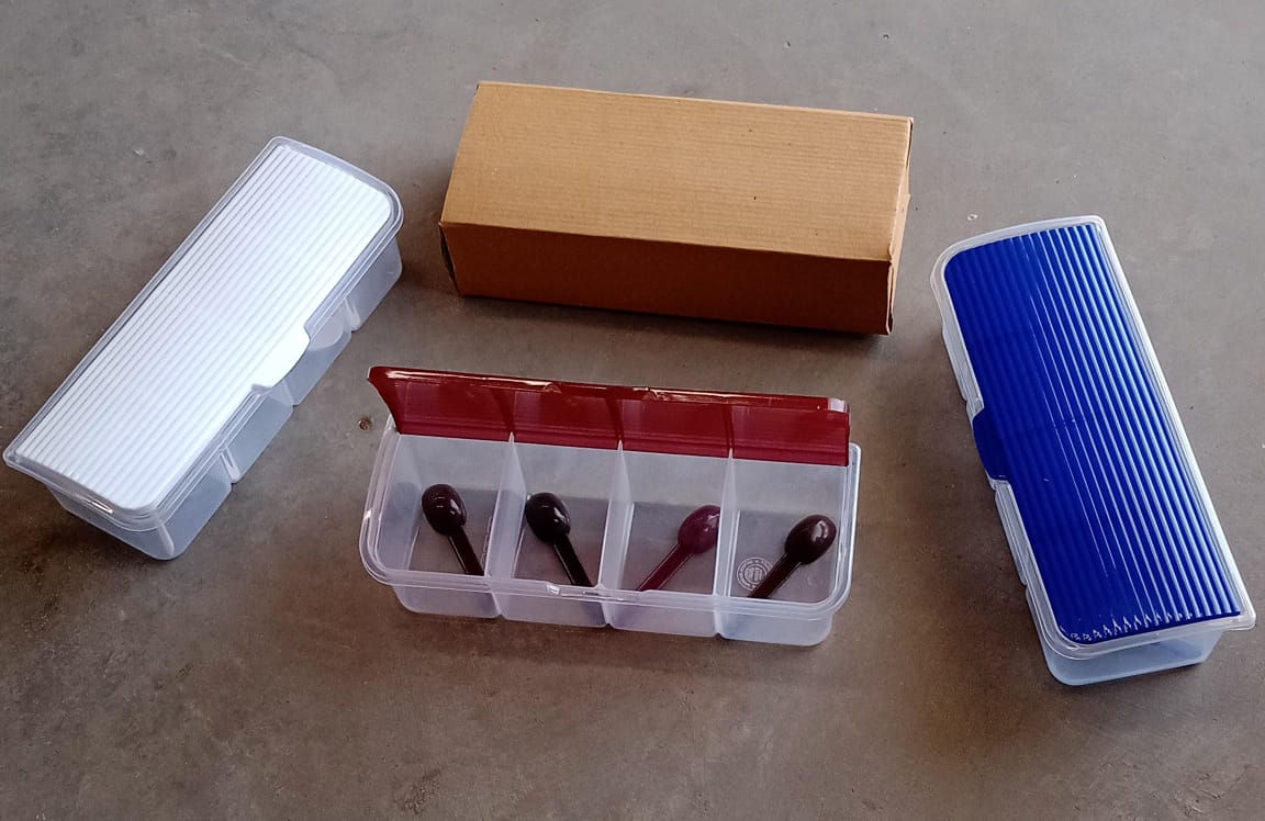 Kitchen Multipurpose Air-tight 4 Sections Storage Containers / Masala Box Pickle (Achar) Jar with 4 spoon for each section (1 Pc / Mix Color) - Springkart