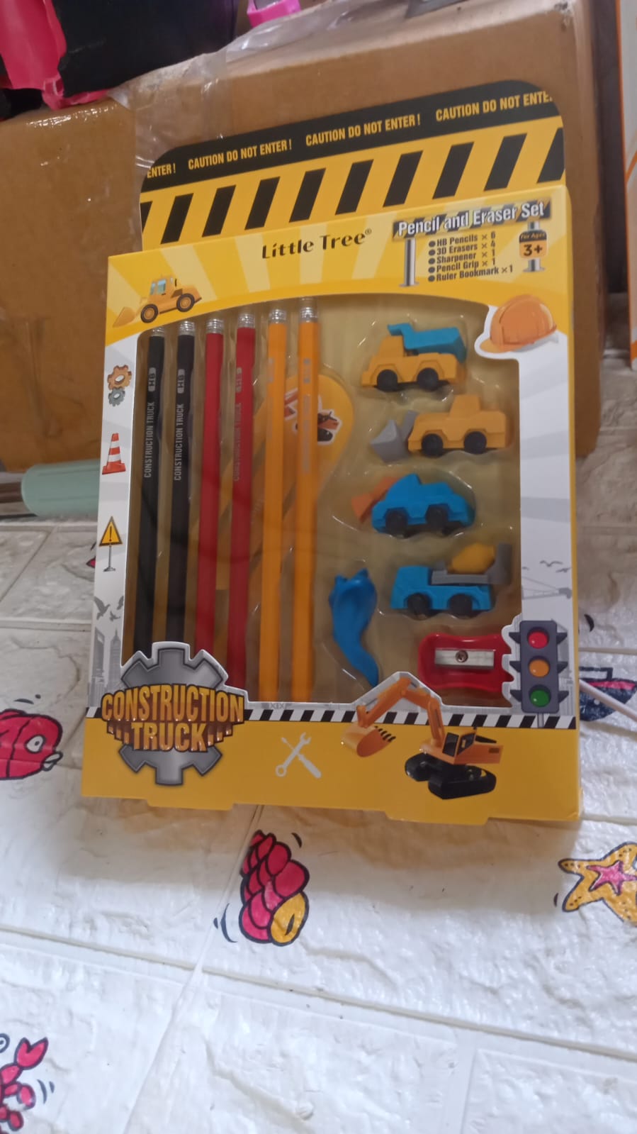 Pencil and Eraser Set, Construction Truck Theme Stationery Kit Includes 6 Pencils, 4 Erasers, 1 Sharpener, 1 Ruler Bookmark, 1 Pencil Cap Stationary For Birthday Gifts for Kids, Birthday Return Gifts (13 Pc set) - Springkart