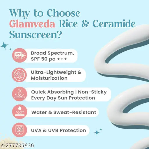 Glamveda Glass Skin Rice & Ceramide Sunscreen SPF 50 PA+++ | No White Cast | Water & Sweat Proof | Excess sebum production | 50 ml