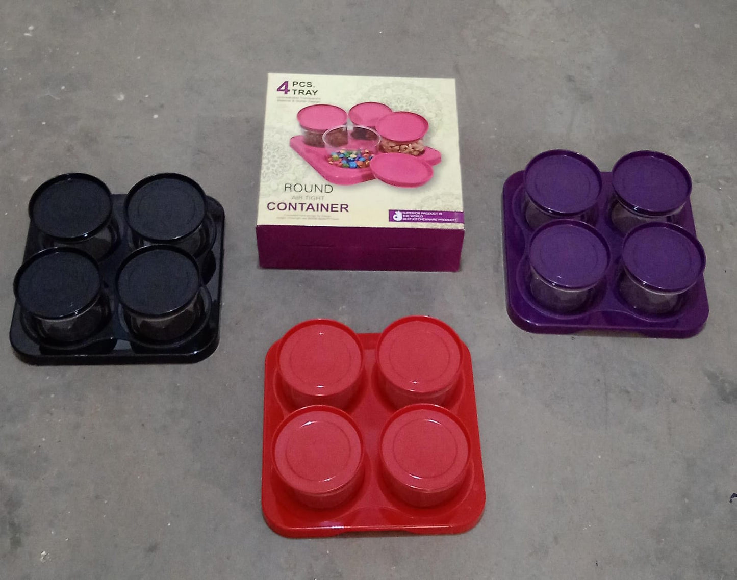 Airtight Plastic 4 Pc Storage Container Set, With Tray Dry Fruit Plastic Storage Container Tray Set With Lid & Serving Tray For Kitchen - Springkart