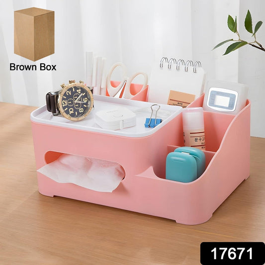 Tissue Paper Storage Holder, Stationery Storage Remote Control, Decorative Pen, Pencil, Napkin, Mobile Phone Multi-Function Desk Storage Organizer for Home and Office (6 Compartment) - Springkart