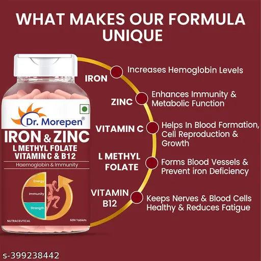Dr. Morepen Iron & Zinc Tablets with Vitamin C & B12 for Immunity & Hemoglobin Boost - 60 Veg Tablets Pack of 2 - Springkart