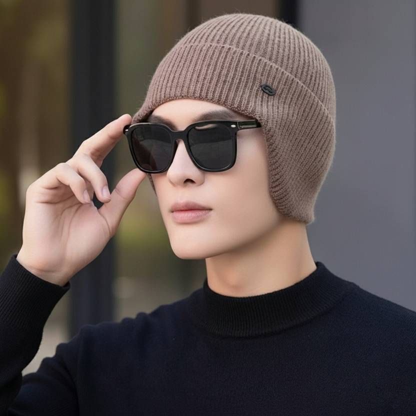 Winity Earflap Soft Warm Knitted Korean Style(Double Layers Fabric) Winter Caps for Men Woven Beanie